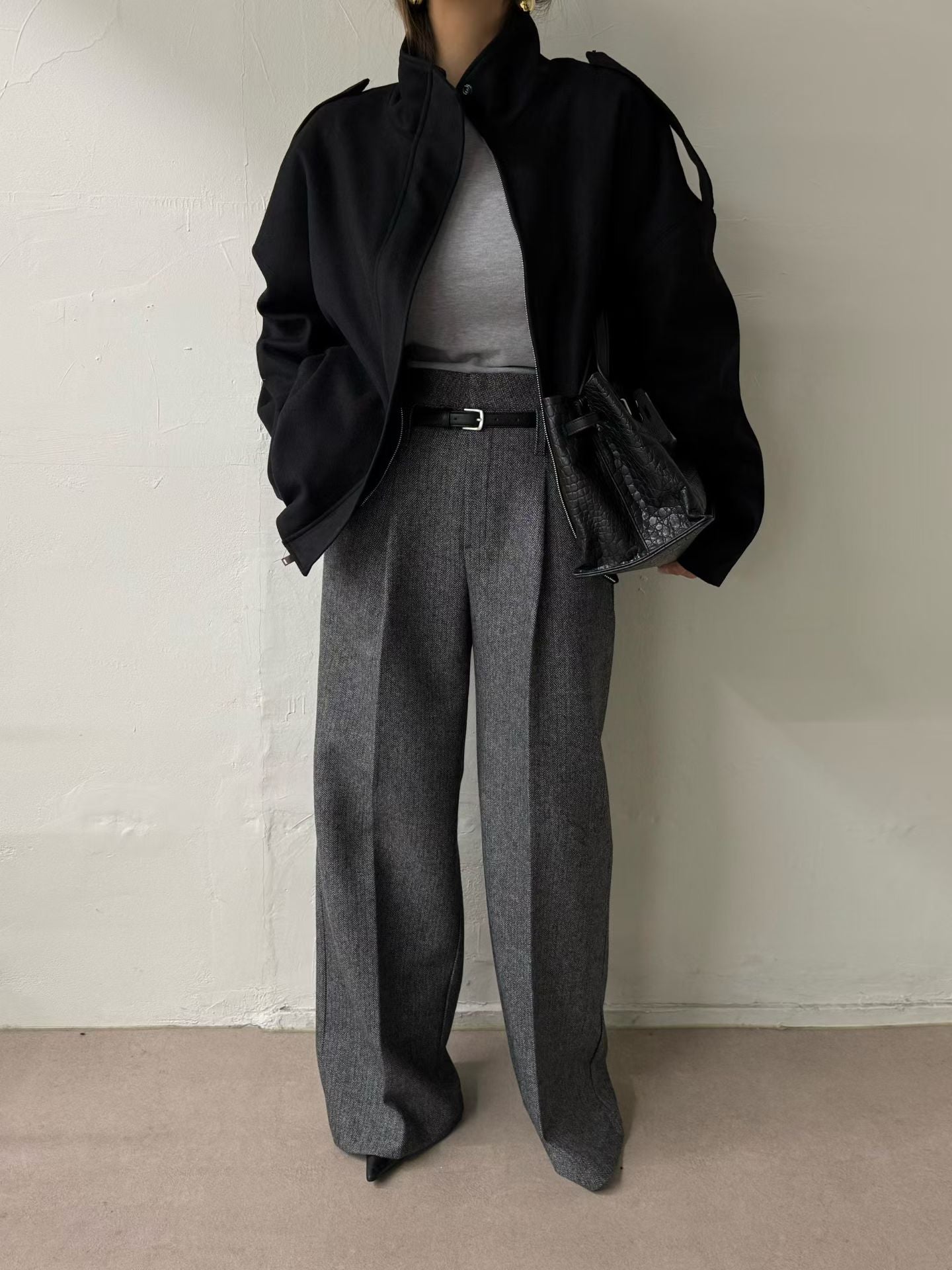 Karva Herringbone Trousers Charcoal