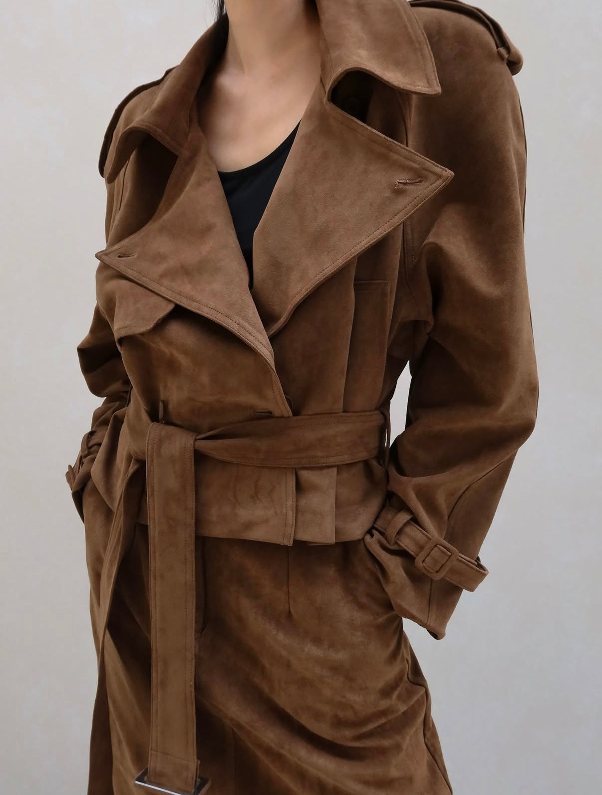 Rhys Faux Suede Cropped Trench Cognac