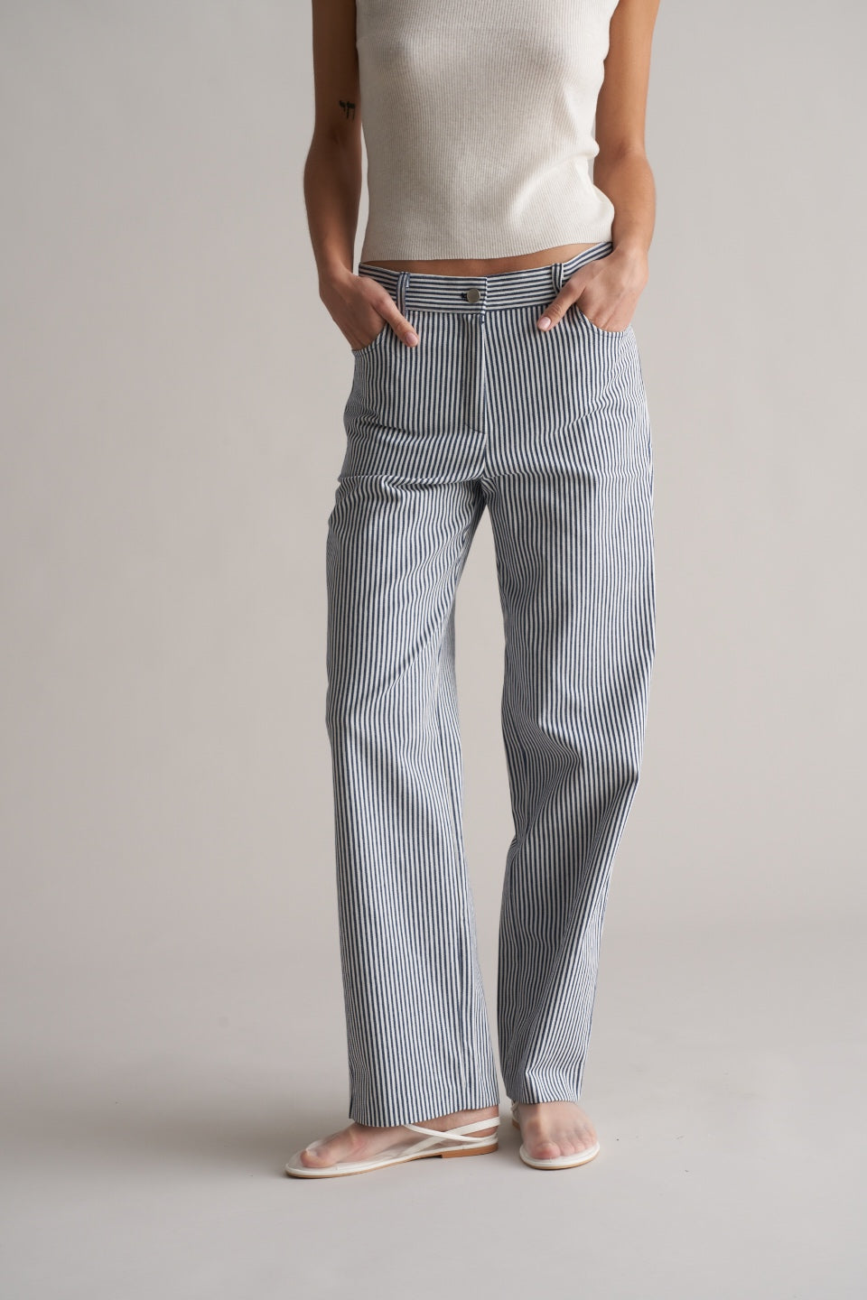 Bianco Cotton Striped Trousers Navy/White