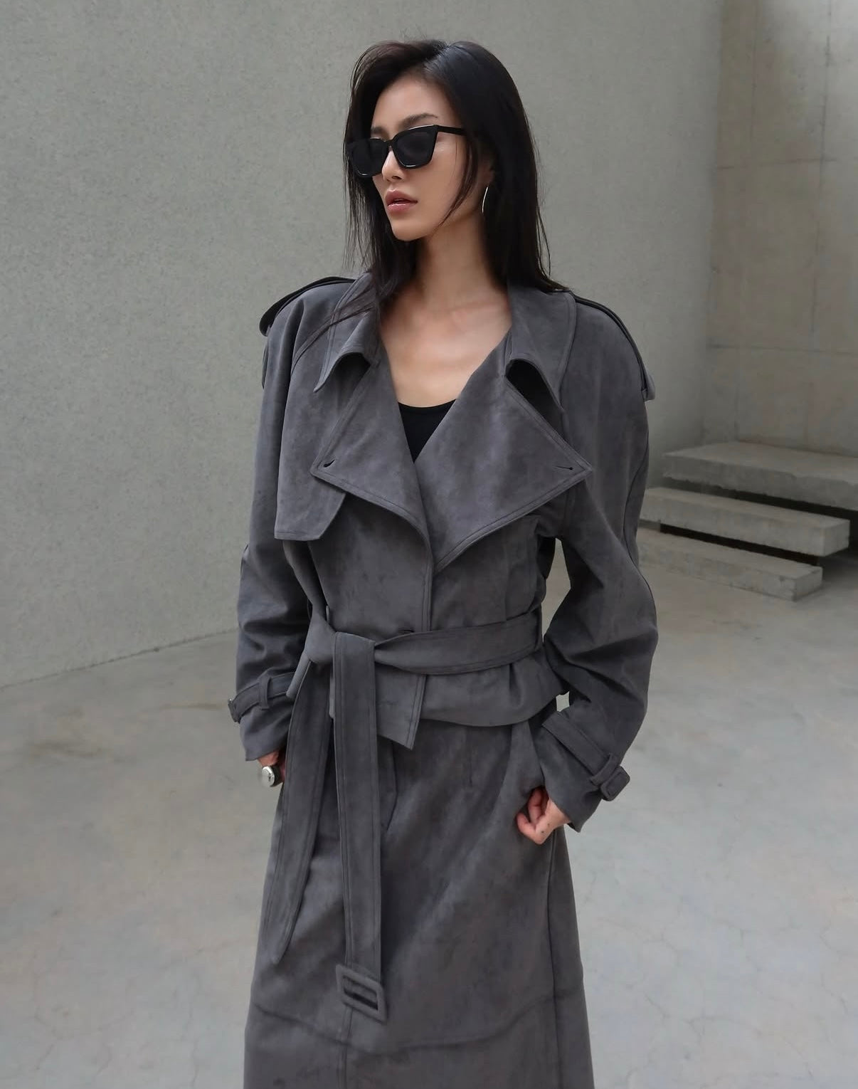 Rhys Faux Suede Cropped Trench Steel