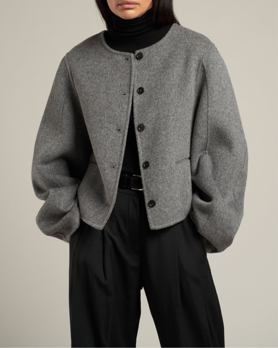 Esme Wool Collarless Cropped Jacket Grey Melange