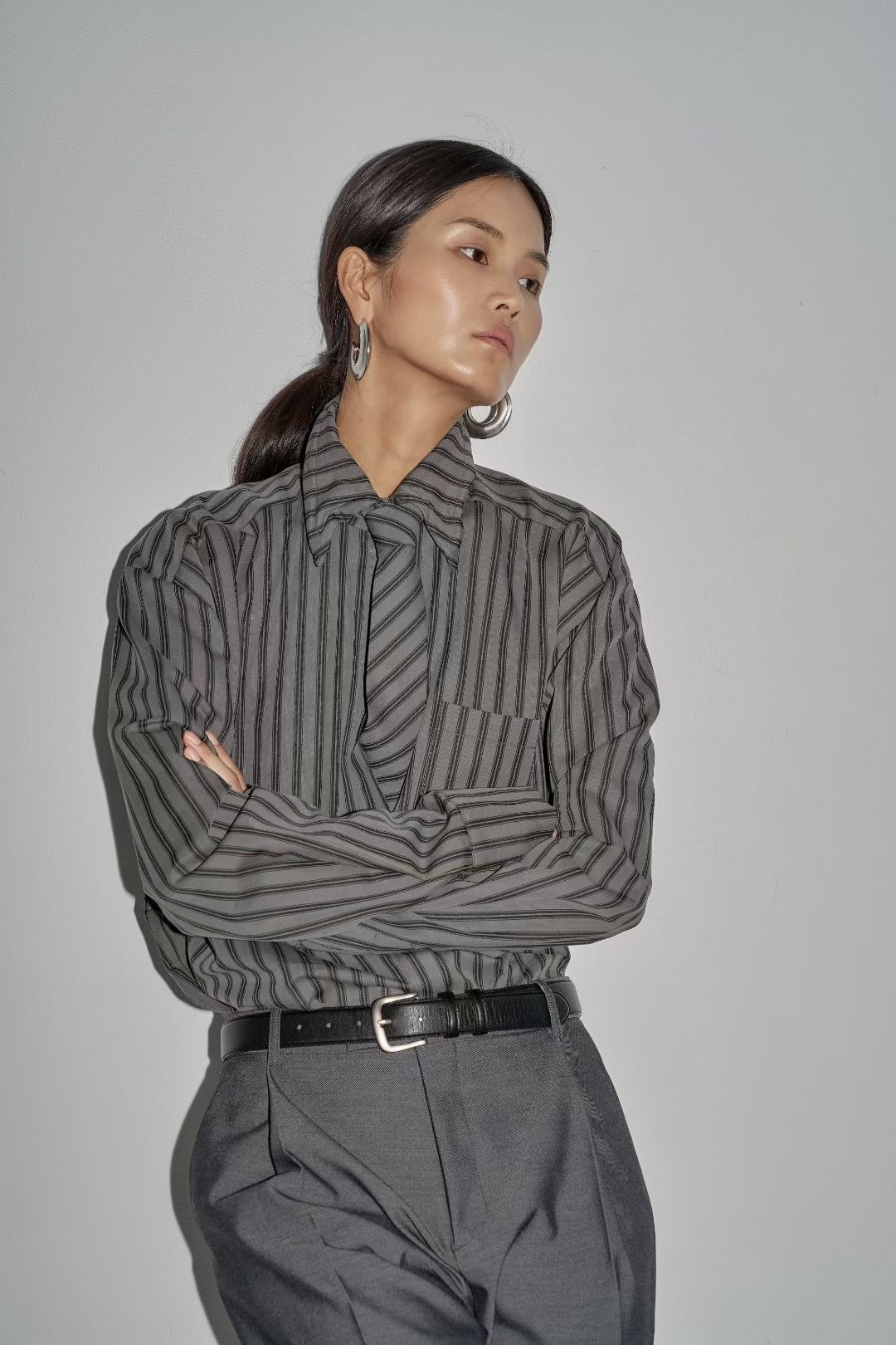 Aby Longline Stripe Tie Shirt Charcoal