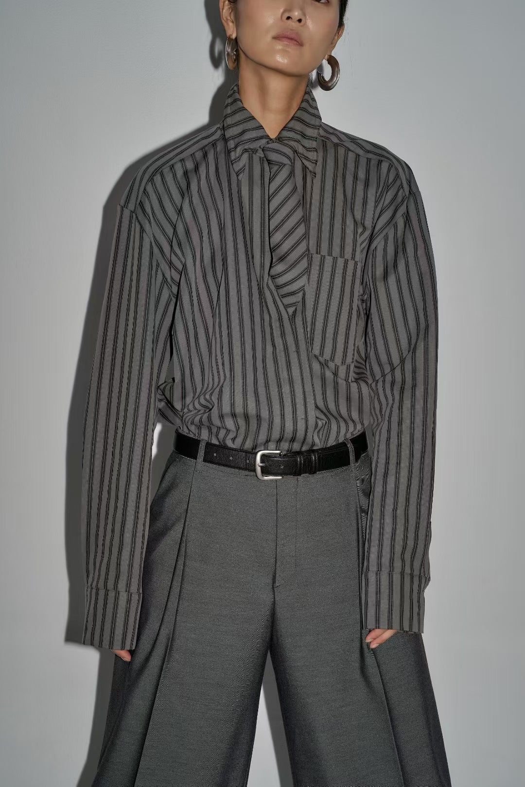 Aby Longline Stripe Tie Shirt Charcoal