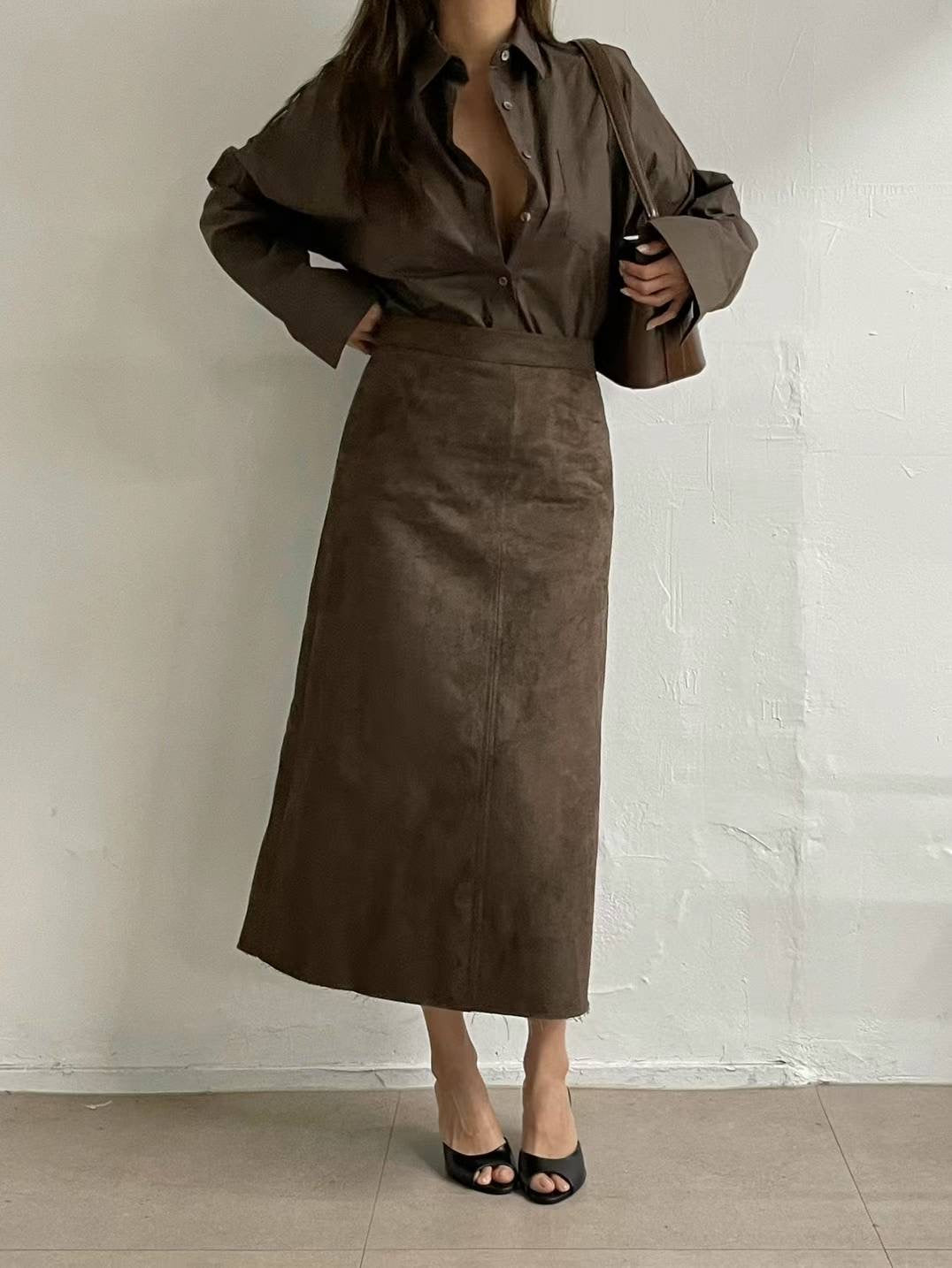 Indra Faux Suede Skirt Chocolate