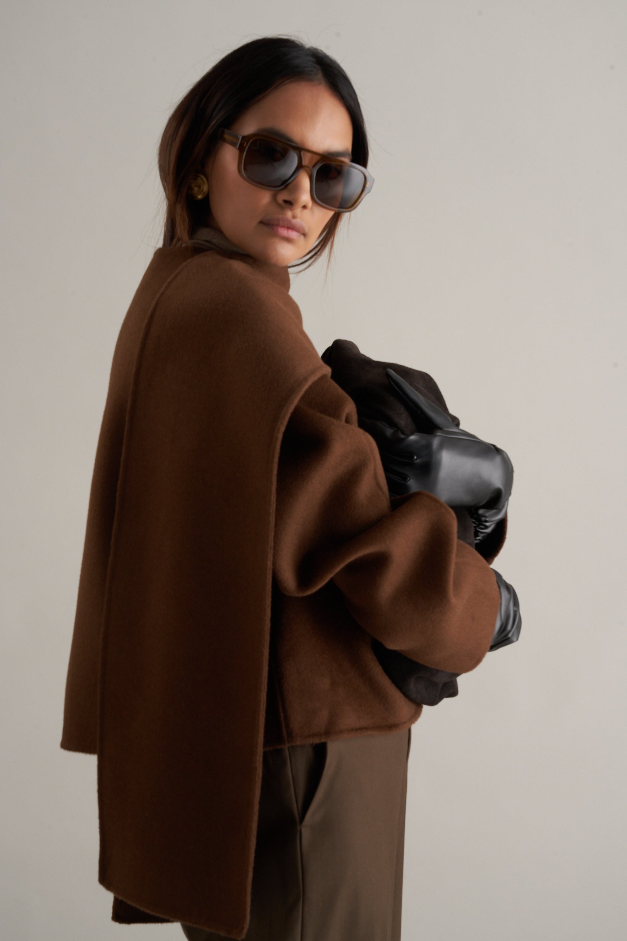 Tol Wool Jacket with Scarf Chocolate Brown