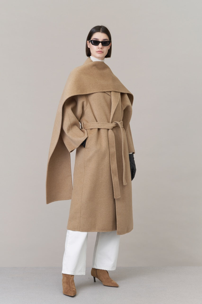 Belted Wool Coat with Scarf Camel