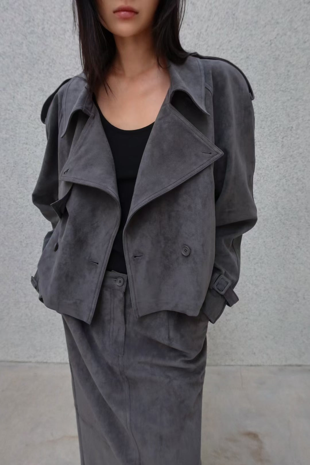 Rhys Faux Suede Cropped Trench Steel
