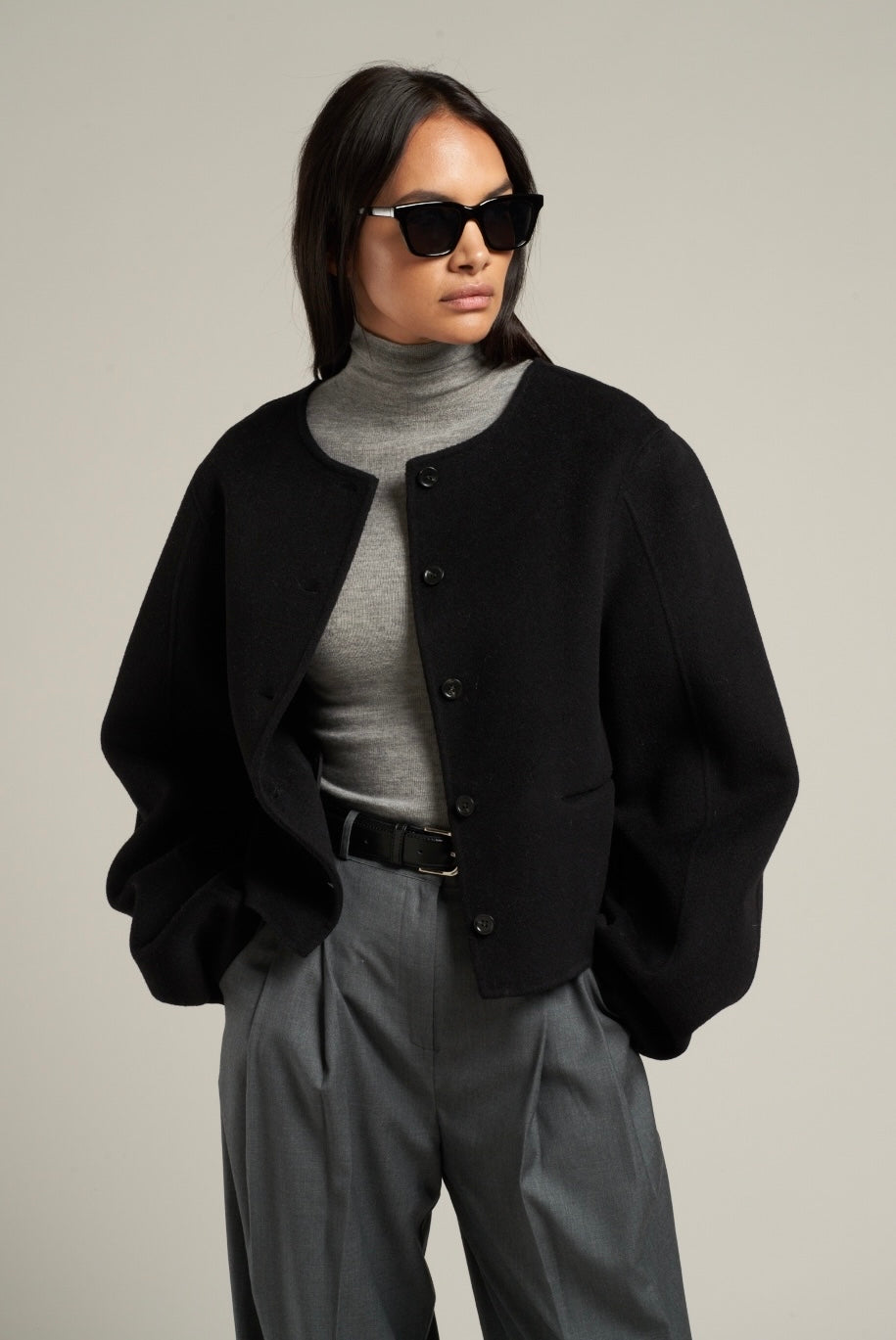 Esme Wool Collarless Cropped Jacket Black