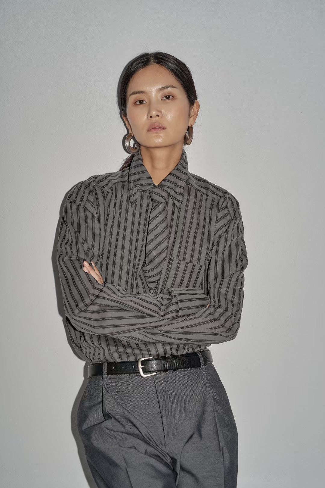 Aby Longline Stripe Tie Shirt Charcoal