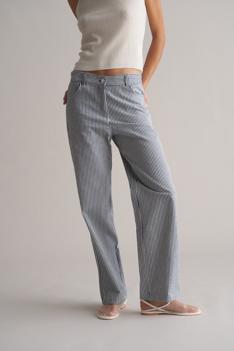 Bianco Cotton Striped Trousers Navy/White