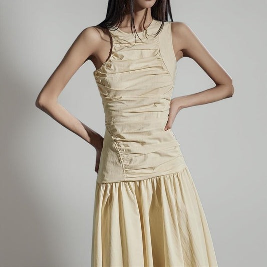 Azura Ruched Drop Waist Cotton Blend Dress Butter Yellow