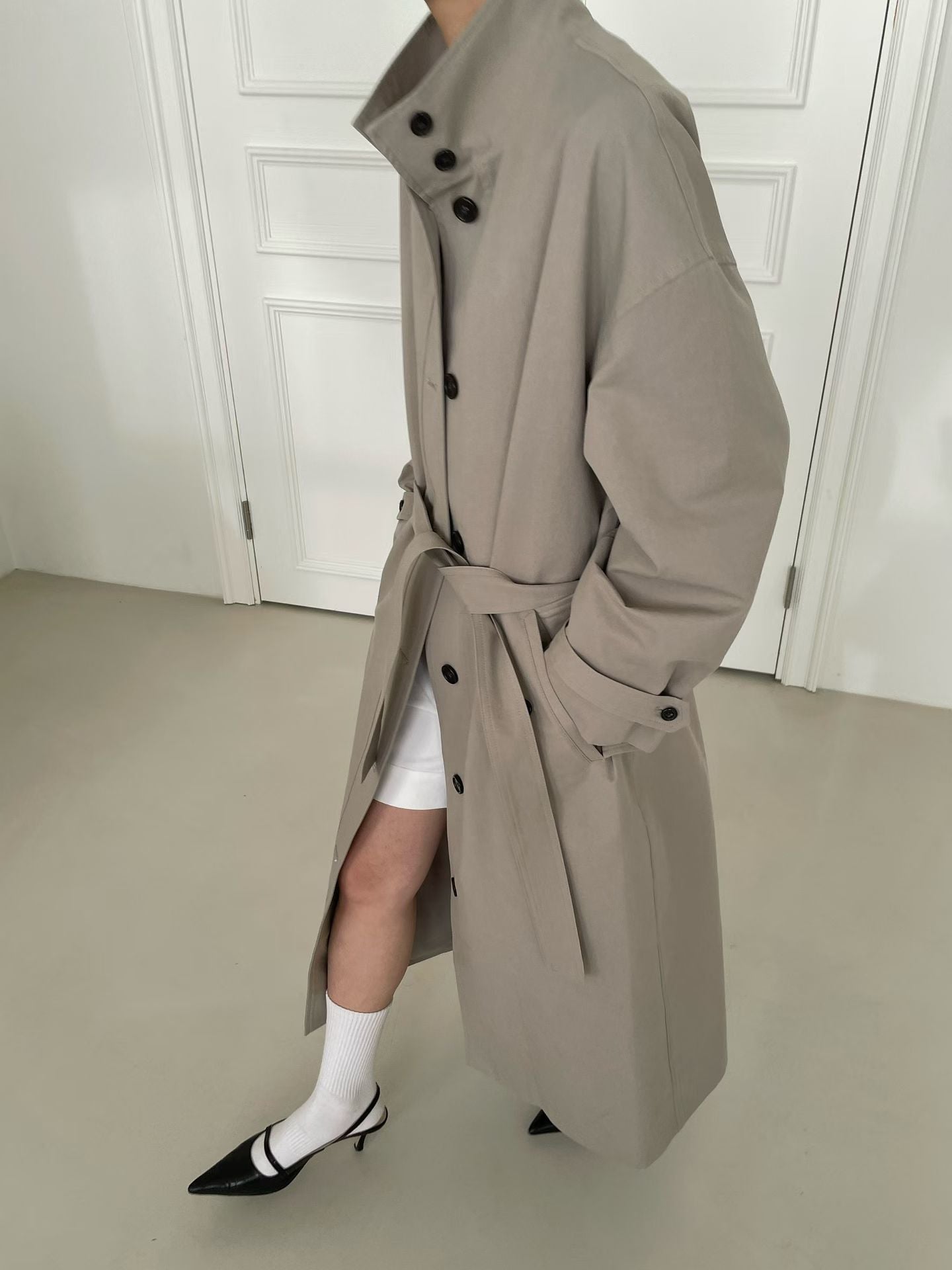 Delphine Funnel Neck Trench Coat Khaki