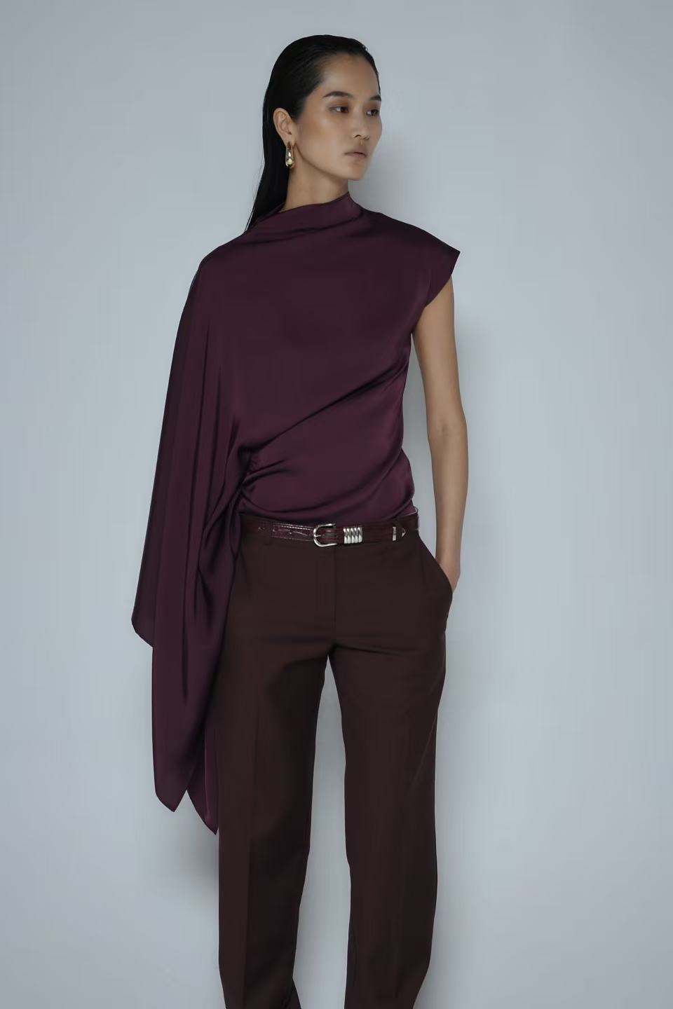 Ziva Asymmetrical Drape Top Bordeaux