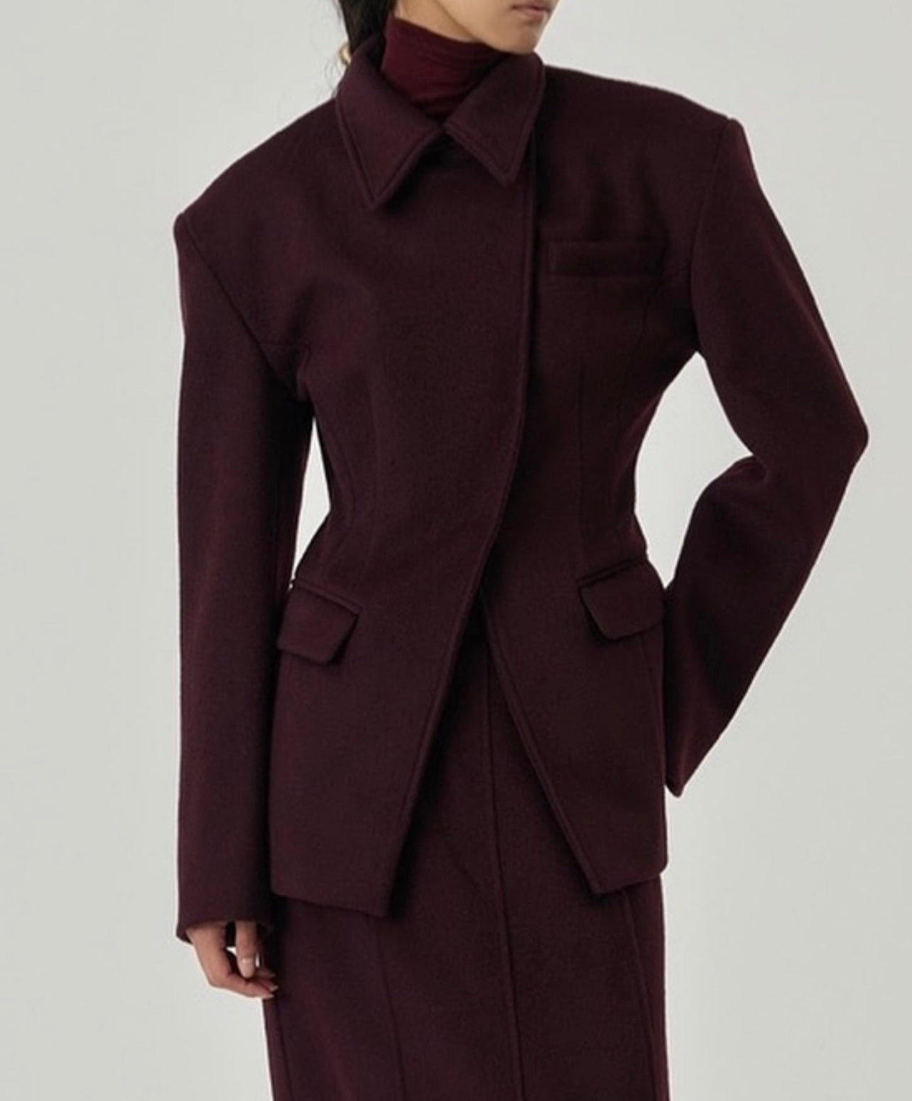 Roux Asymmetrical Wool Blend Blazer Oxblood