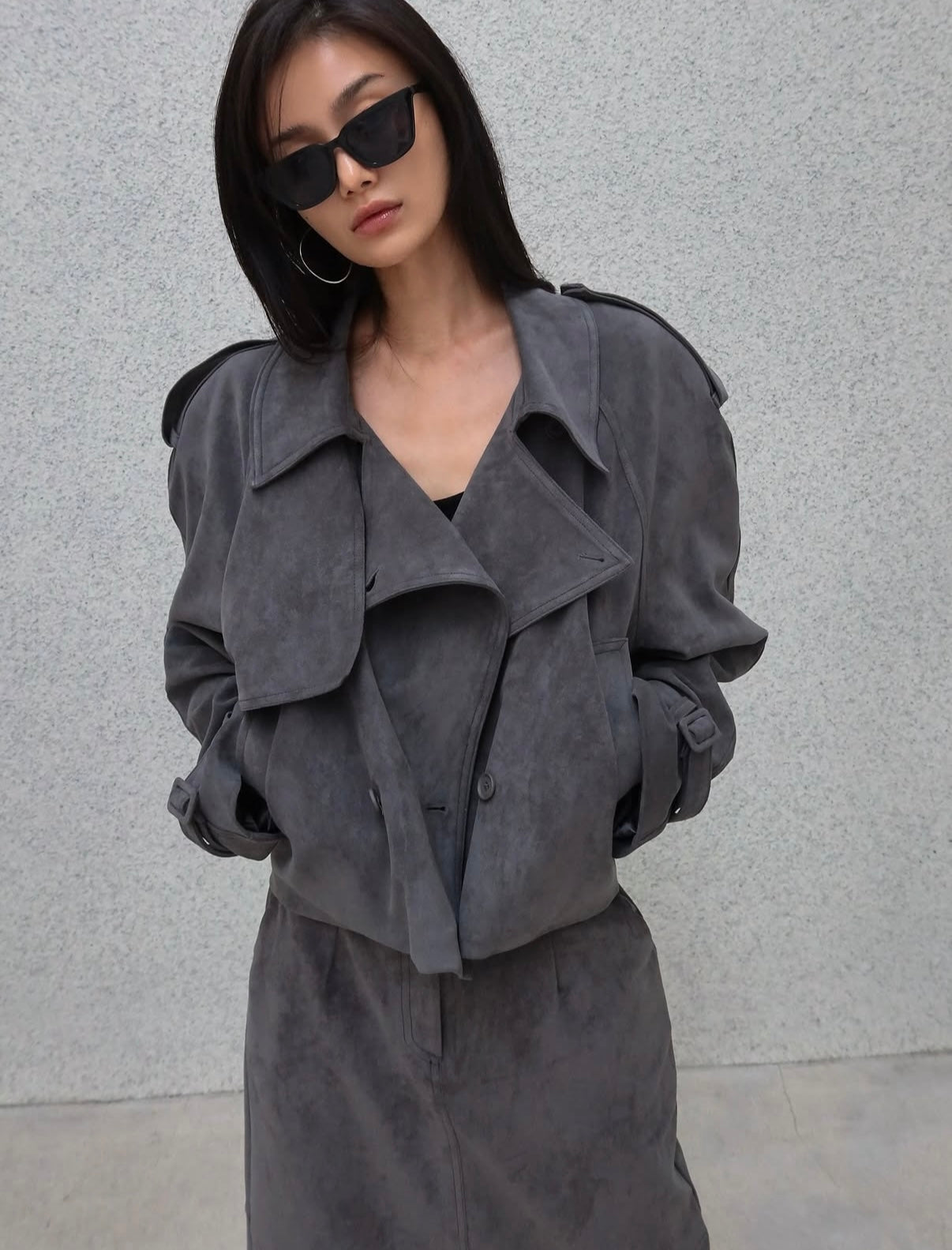 Rhys Faux Suede Cropped Trench Steel