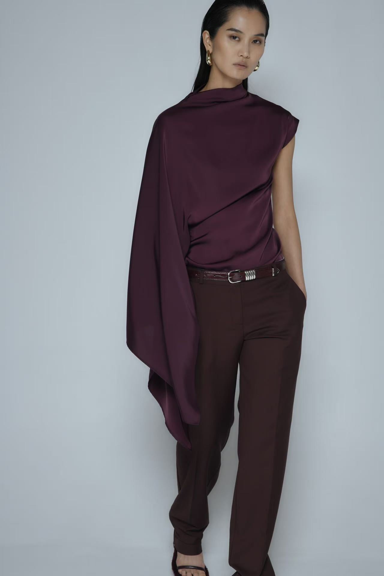 トップス beeden DRAPE ASYMMETRY BARE TOP Ziva Asymmetrical Drape Top Bordeaux