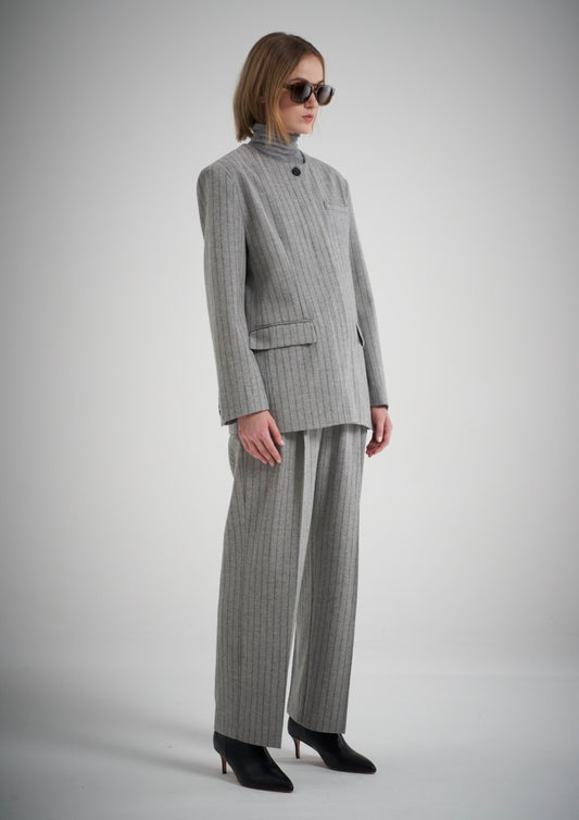 Gal Wool Collarless Jacket Grey Pinstripe