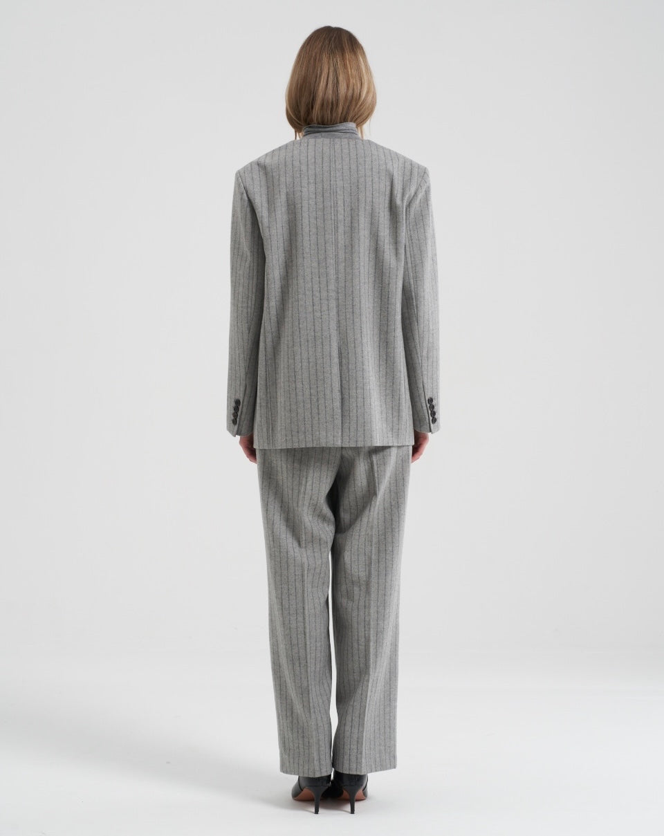 Gal Wool Collarless Jacket Grey Pinstripe