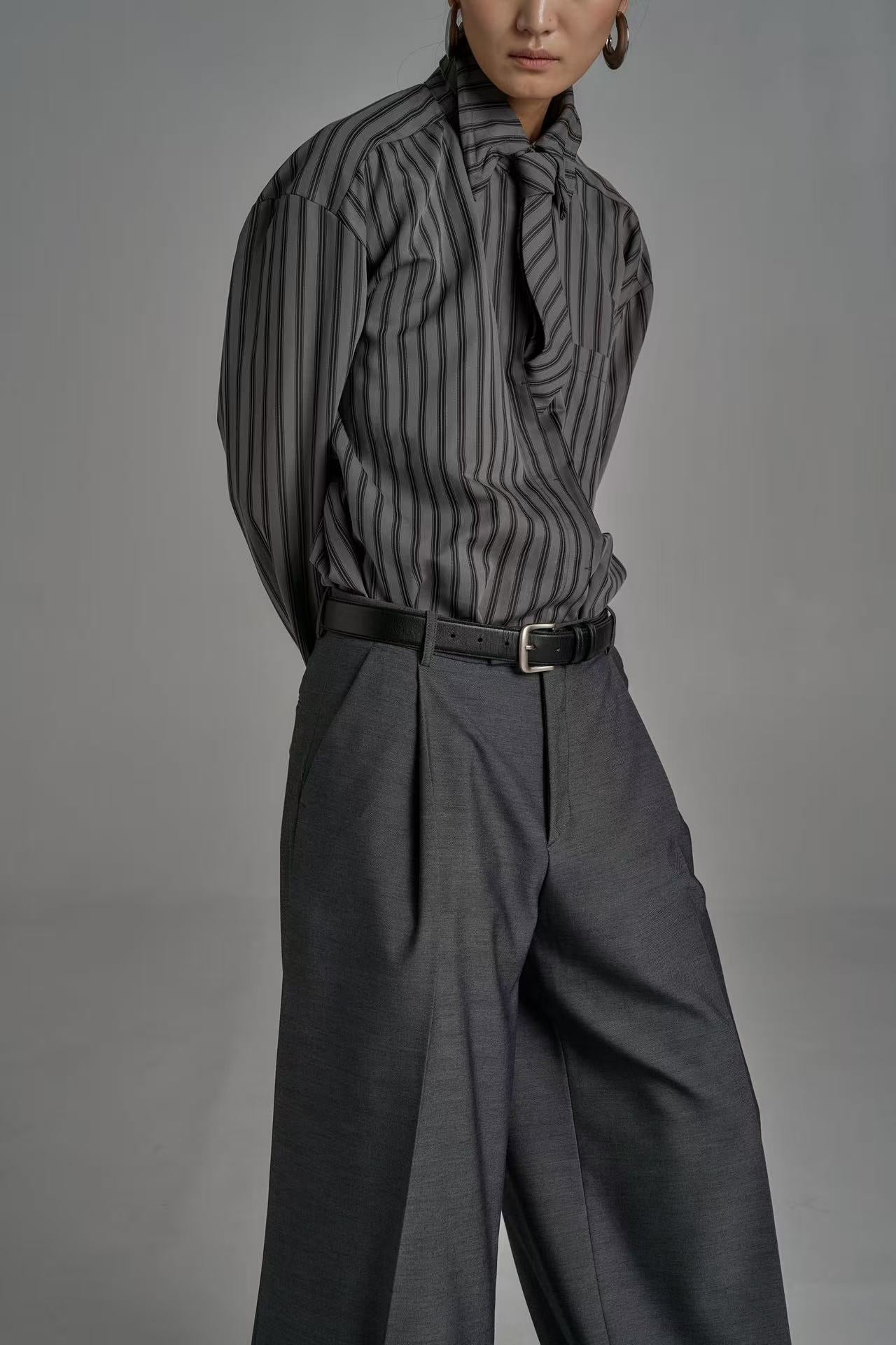 Aby Longline Stripe Tie Shirt Charcoal