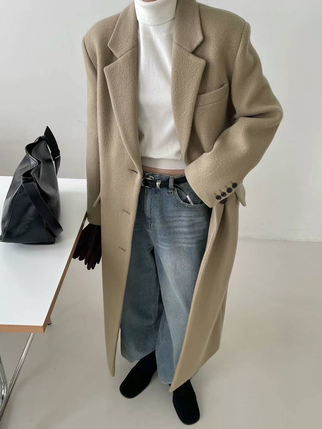 Darin Single Breasted Brushed Wool Coat Biscuit