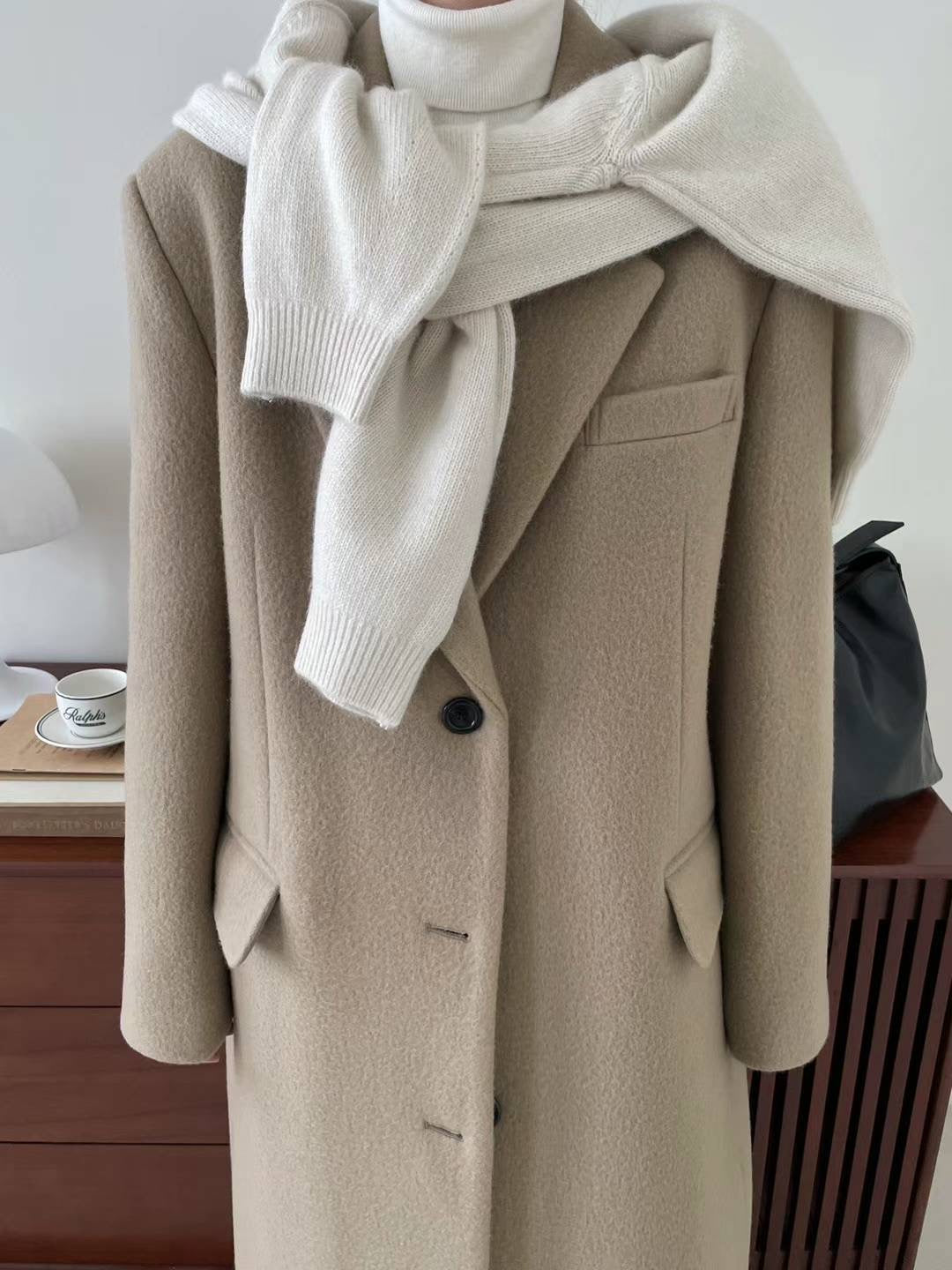 Darin Single Breasted Brushed Wool Coat Biscuit