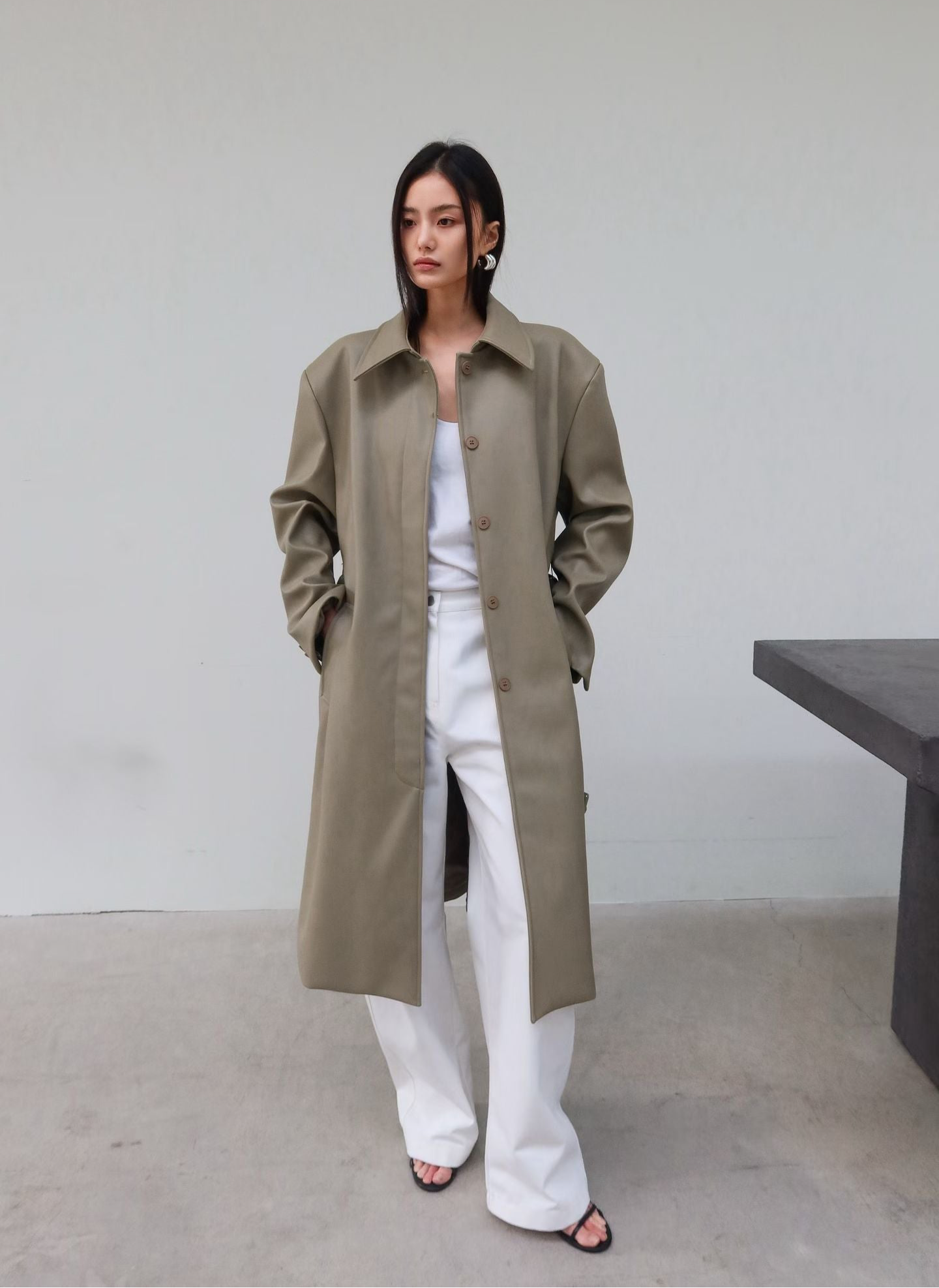 Nema Vegan Leather Mac Coat Olive