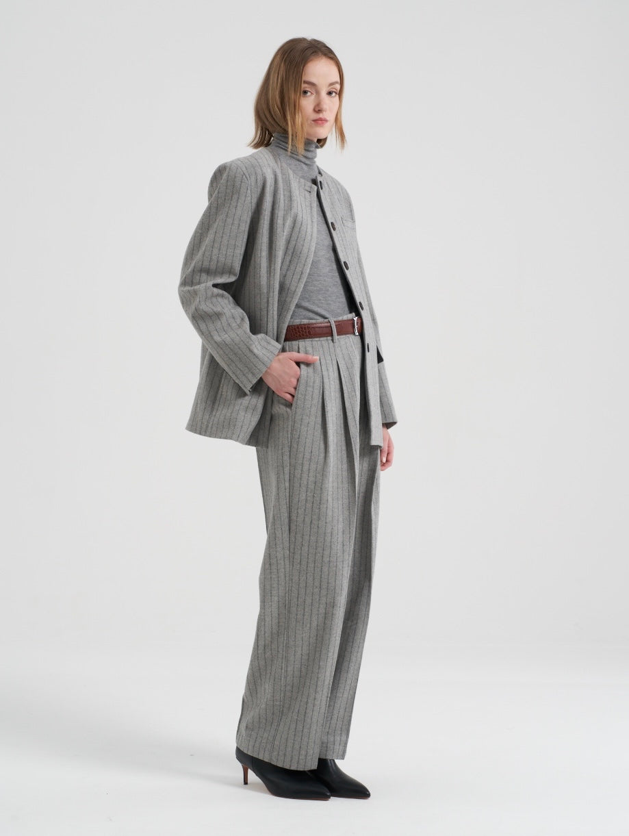 Gal Wool Collarless Jacket Grey Pinstripe