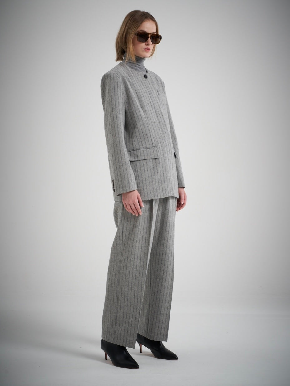 Gal Wool Collarless Jacket Grey Pinstripe