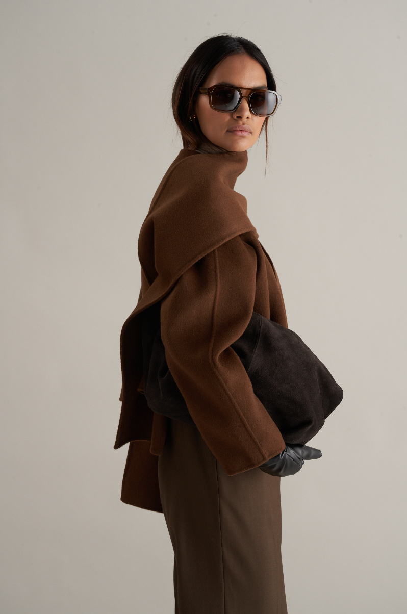 Tol Wool Jacket with Scarf Chocolate Brown