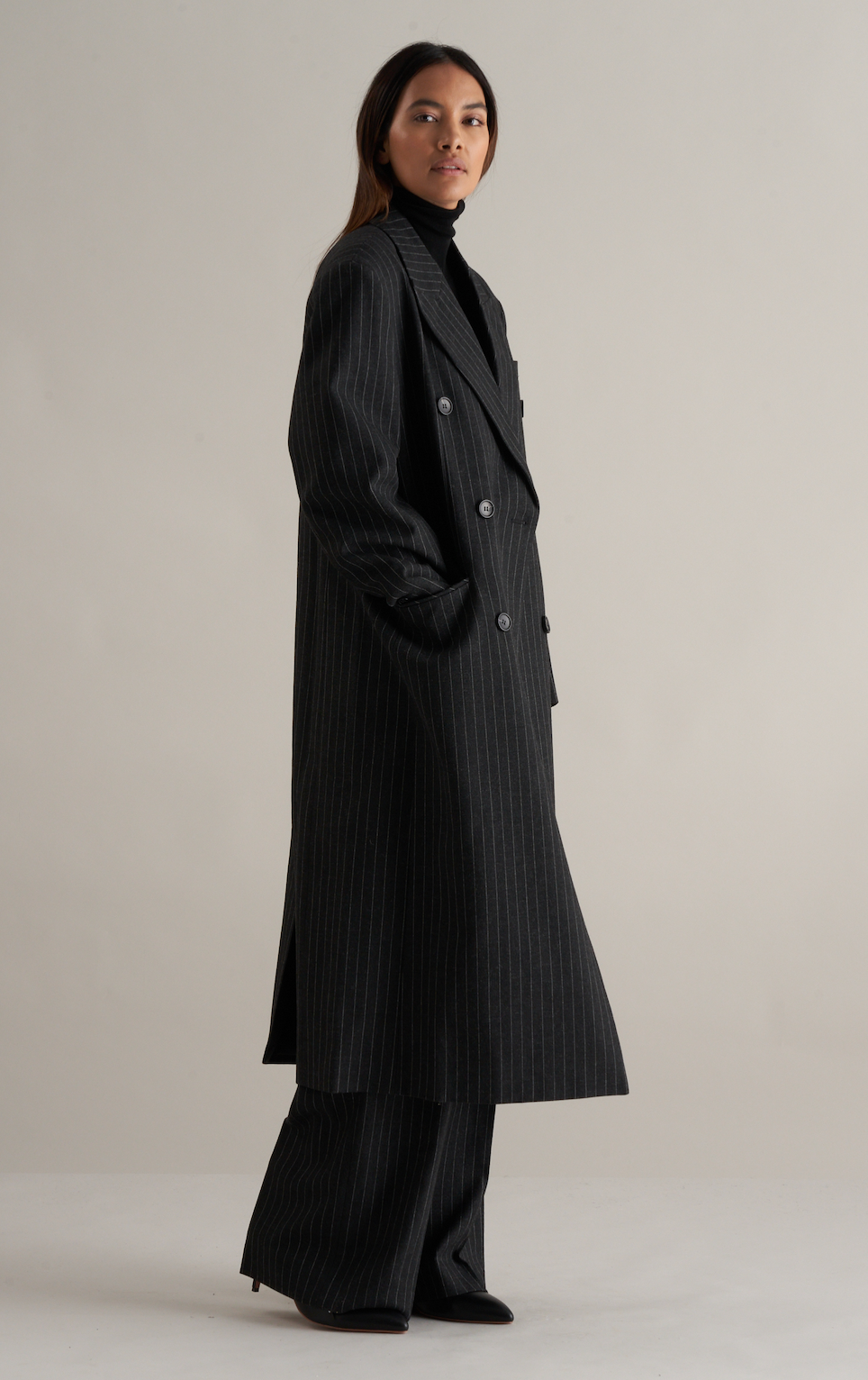 Tobi Wool Pinstripe Double Breasted Overcoat