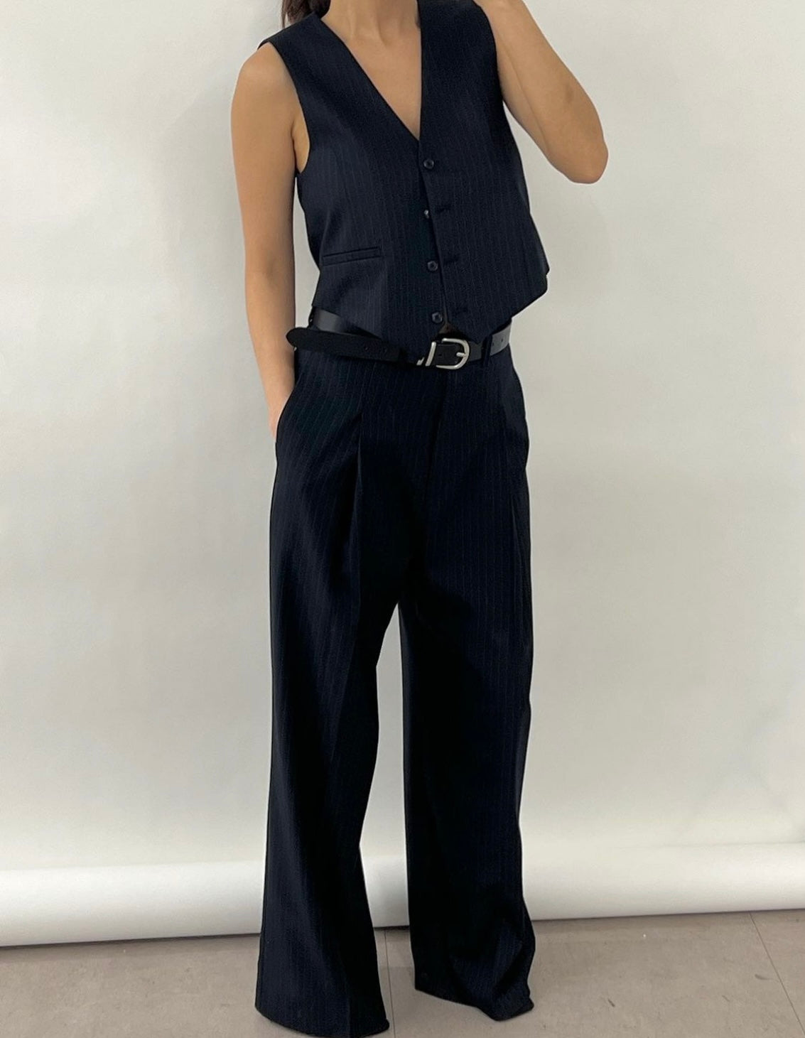 Soraya Pinstripe Pintuck Trousers Navy