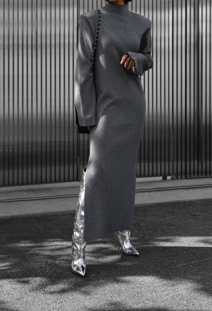 Signature High Neck Wool Slit Dress Graphite
