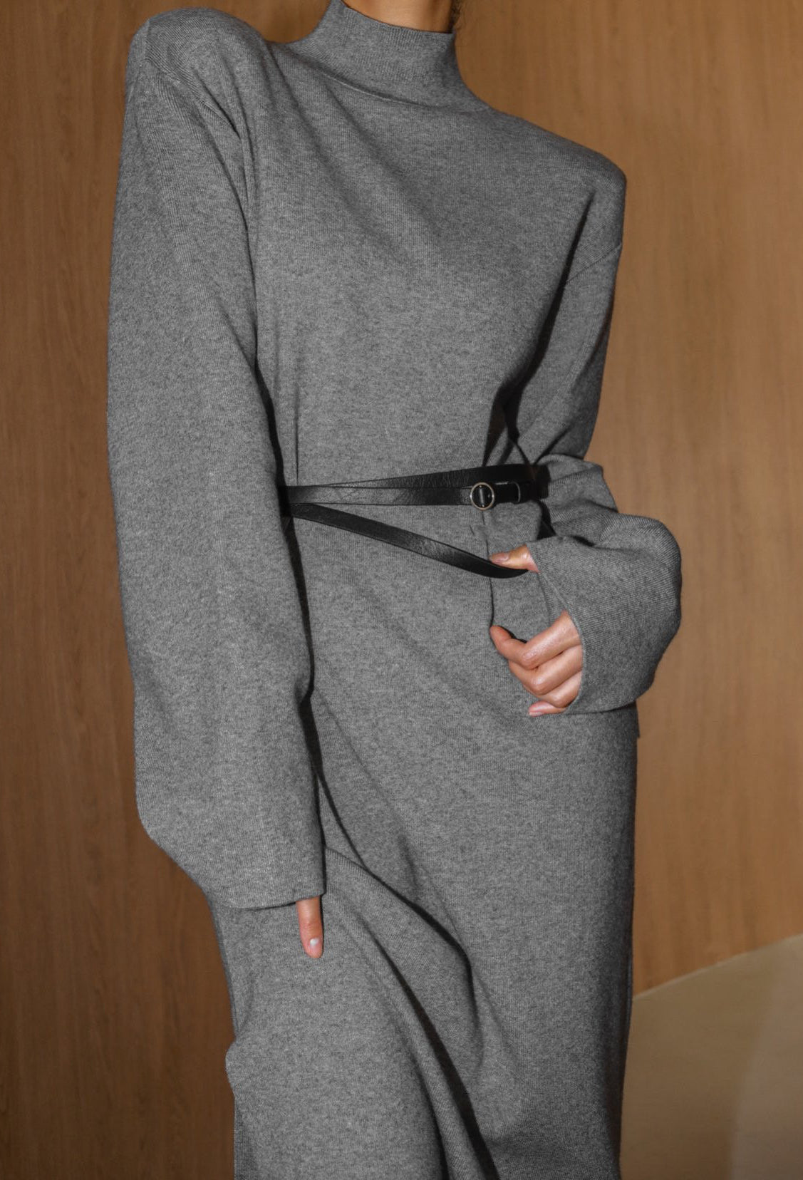 Signature High Neck Wool Slit Dress Graphite