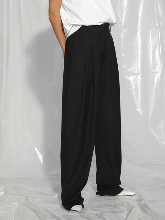 Wide Leg Tencel Wool Blend Pintuck Trousers Black