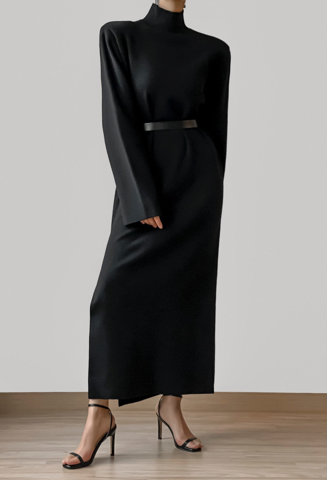Signature High Neck Wool Slit Dress Black