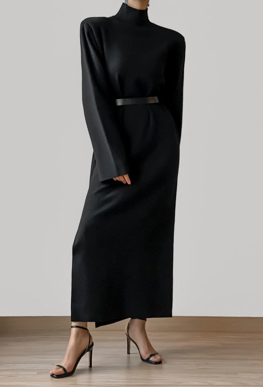 Signature High Neck Wool Slit Dress Black