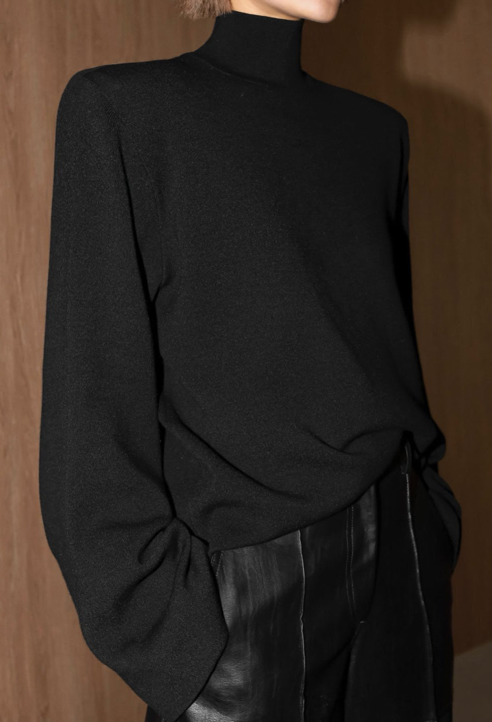 Padded Shoulder Mock Neck Knit Black