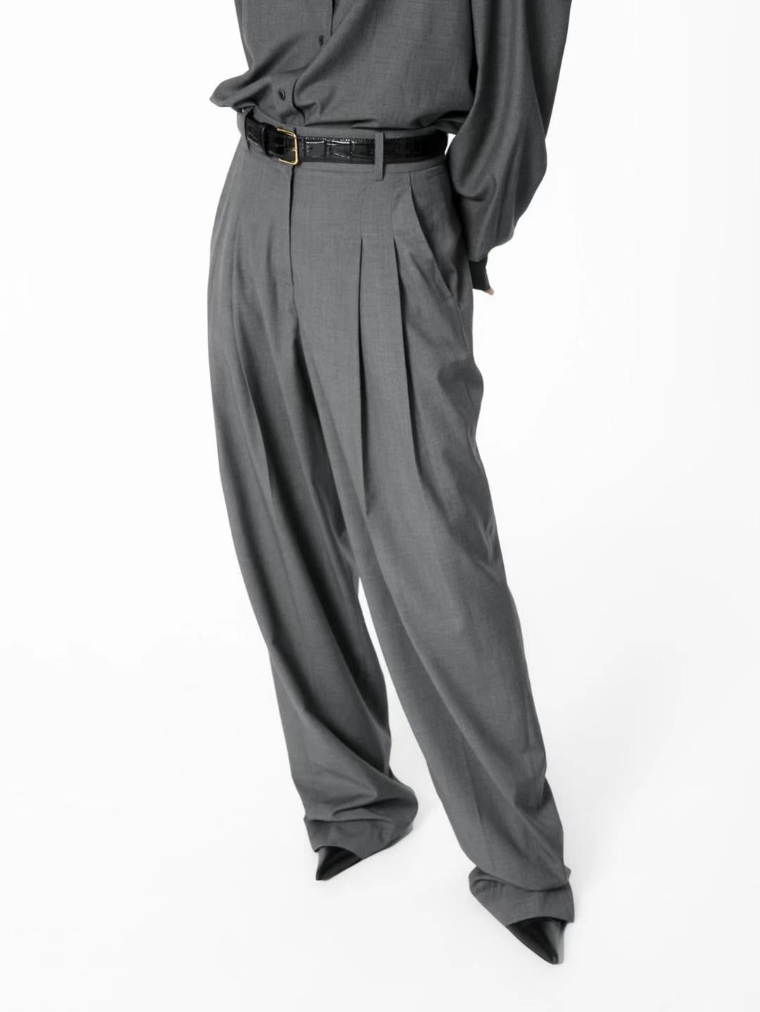 Wide Leg Tencel Wool Blend Pintuck Trousers Graphite