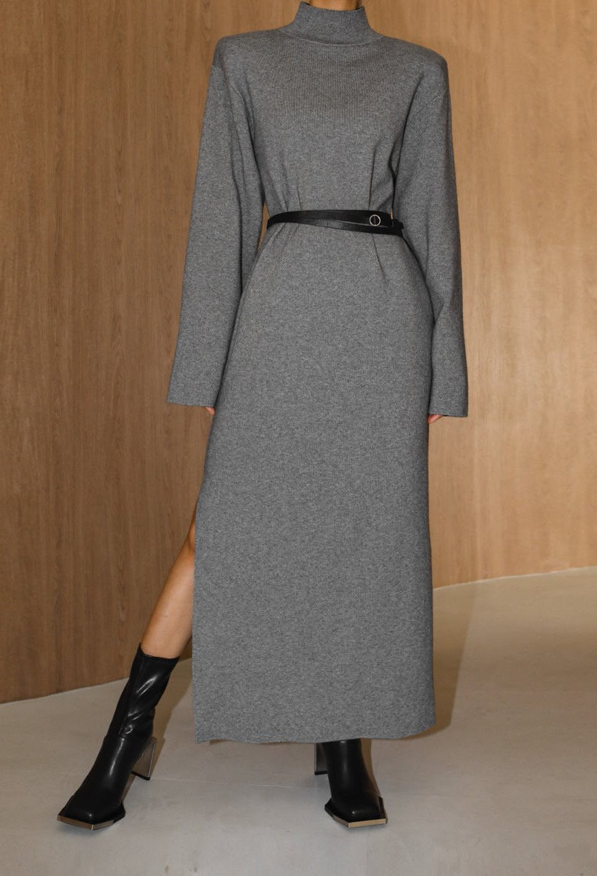 Signature High Neck Wool Slit Dress Graphite