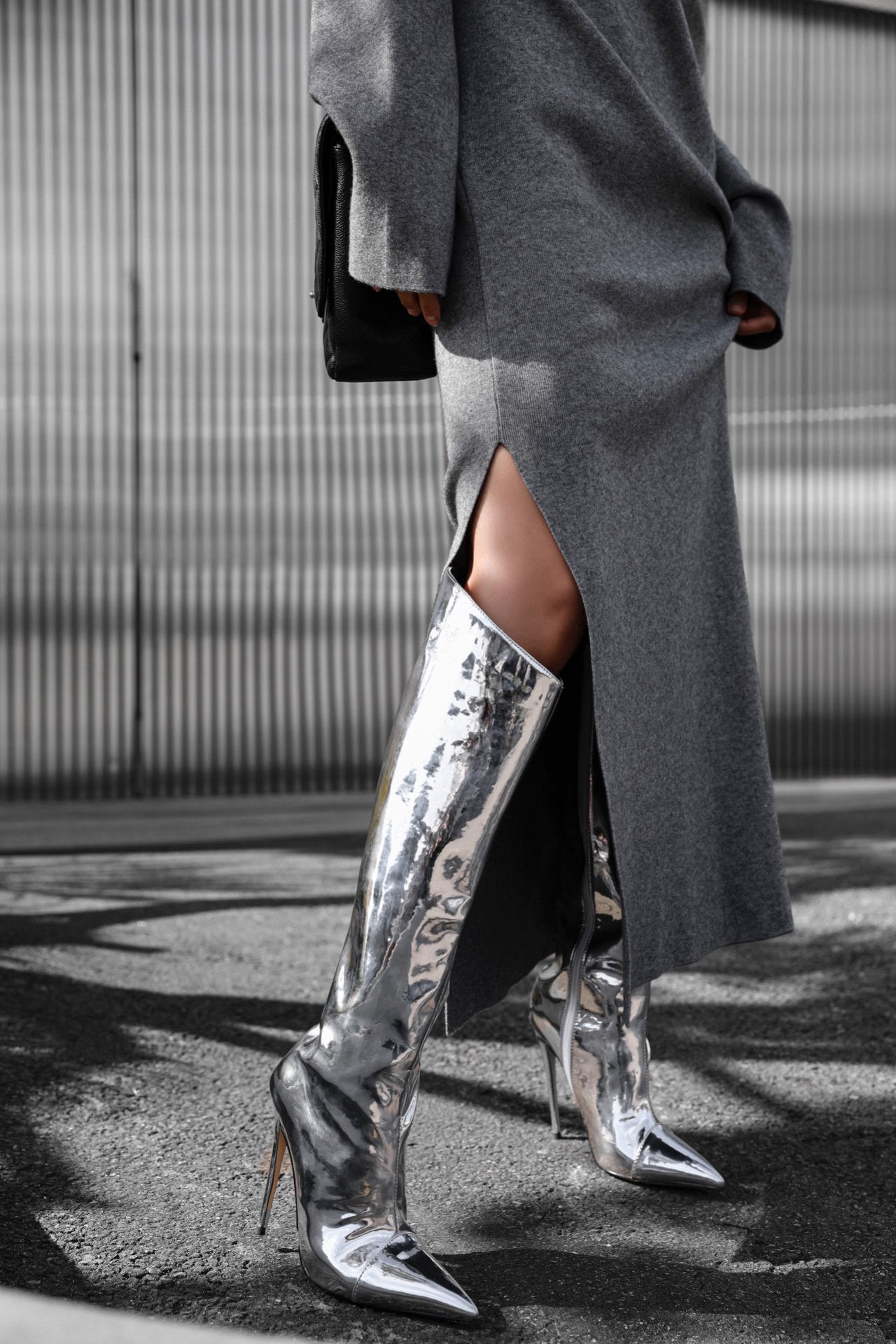 Signature High Neck Wool Slit Dress Graphite