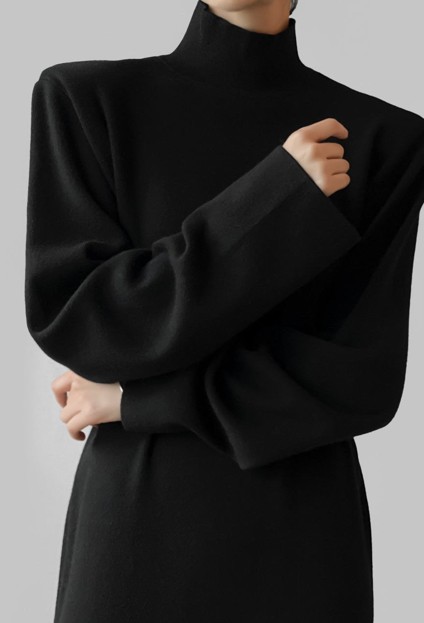 Signature High Neck Wool Slit Dress Black