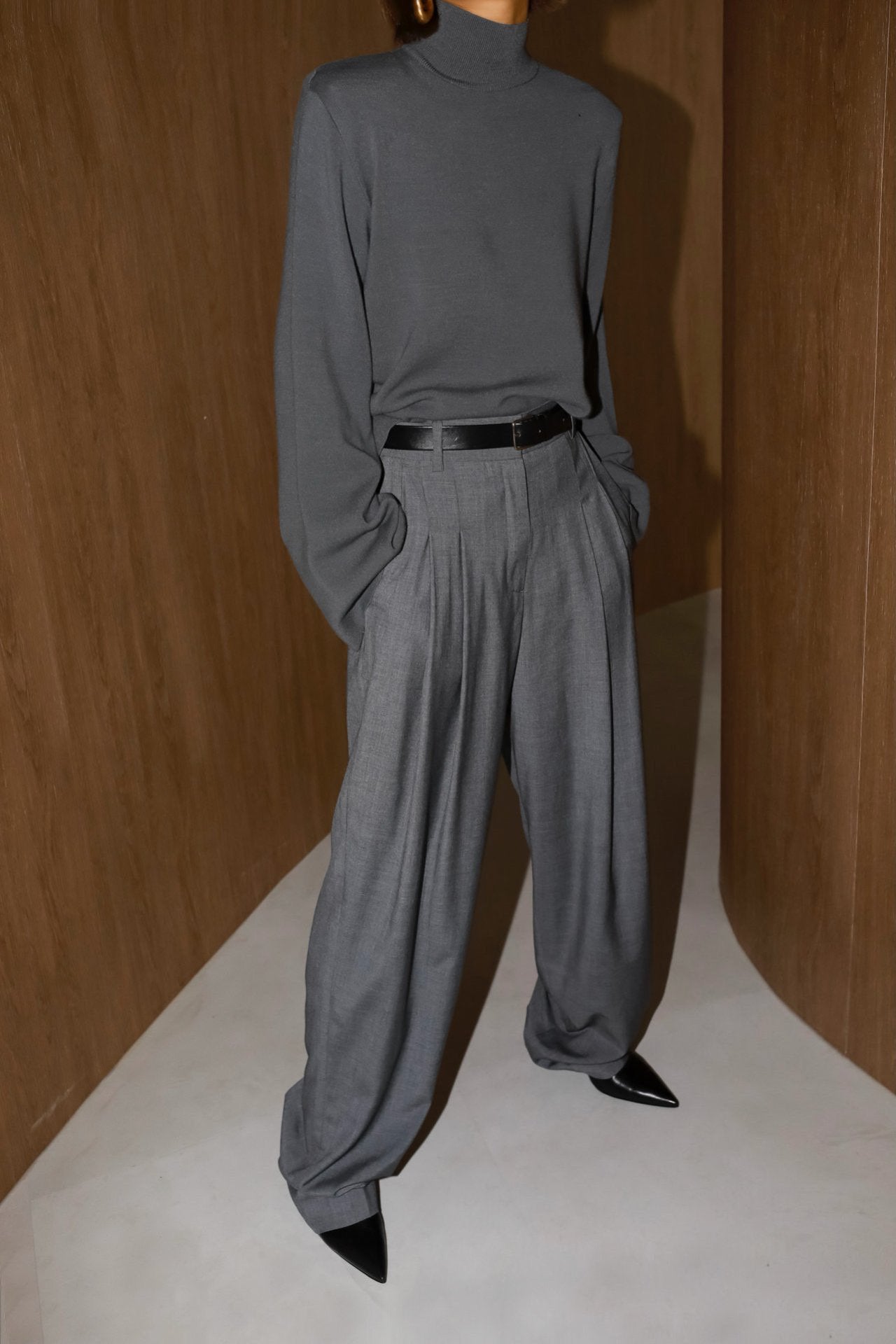 Wide Leg Tencel Wool Blend Pintuck Trousers Graphite