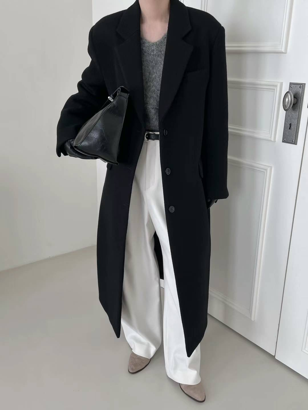 Darin Single Breasted Brushed Wool Coat Black