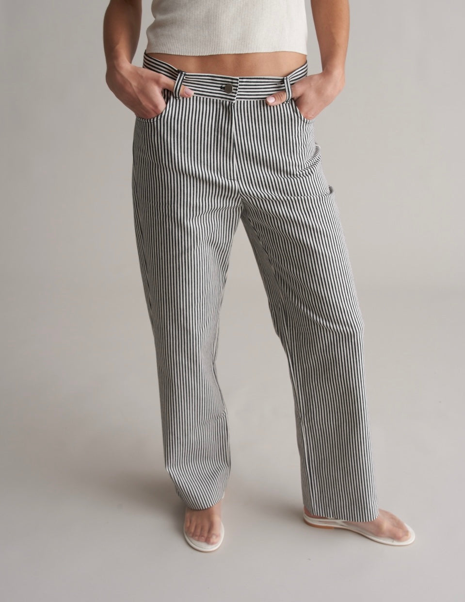 Bianco Cotton Striped Trousers Black/White