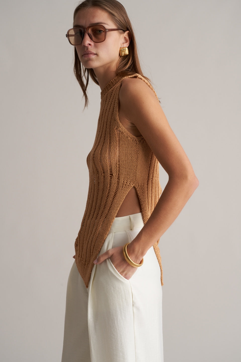 Simone Knitted Crochet Top Golden Tan