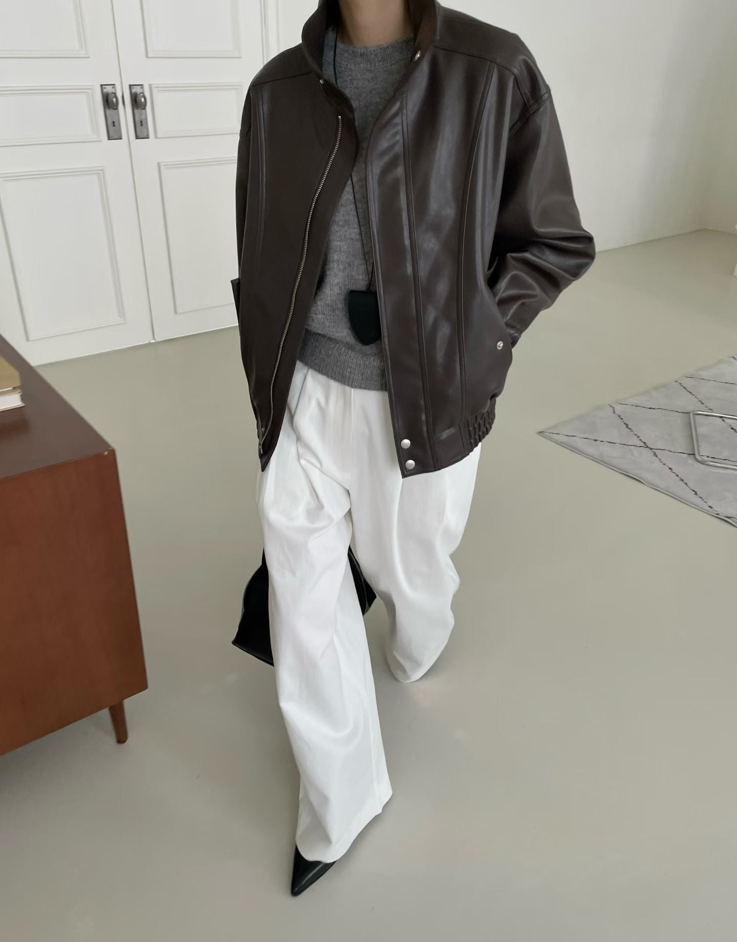 Deia Faux Leather Bomber Jacket Brown