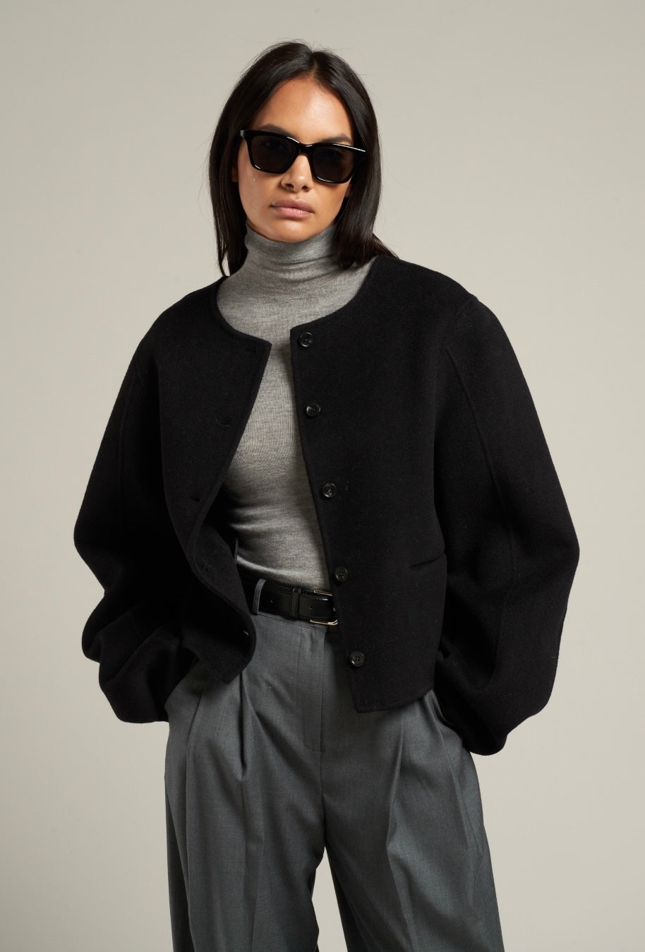 Esme Wool Collarless Cropped Jacket Black
