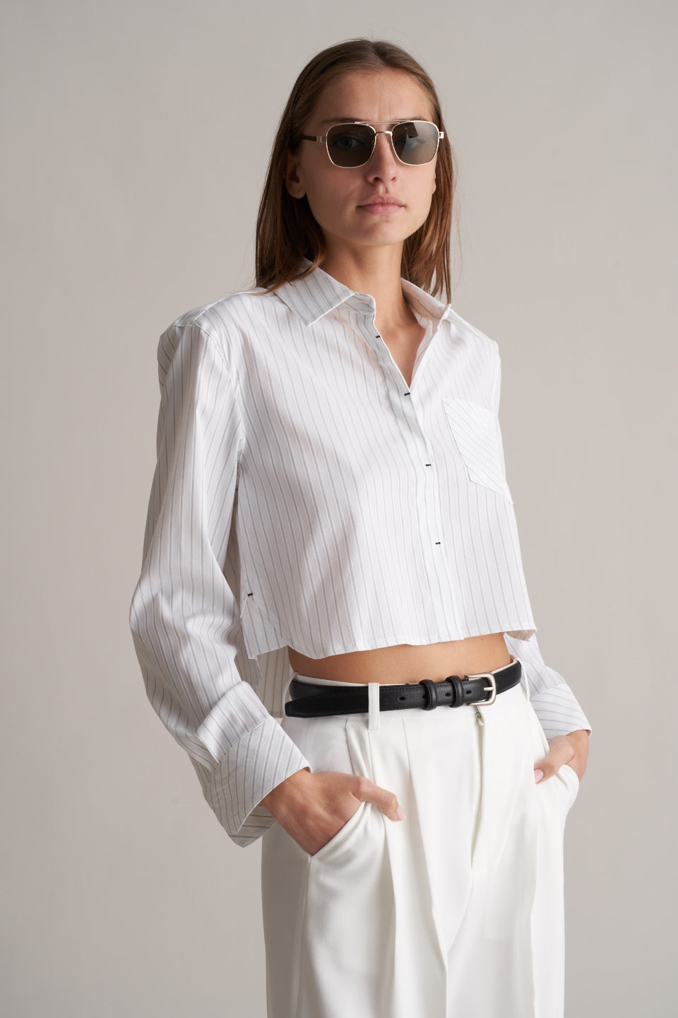 Cropped Pinstripe Shirt White