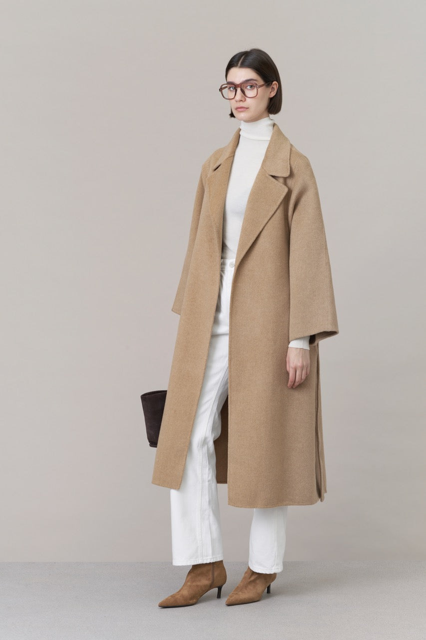 Belted Wool Coat with Scarf Camel