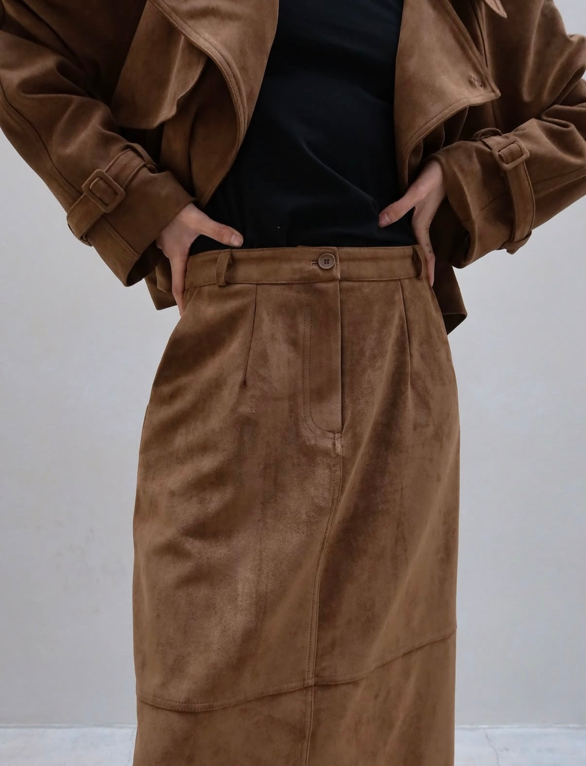 Rhys Faux Suede Pencil Skirt Cognac